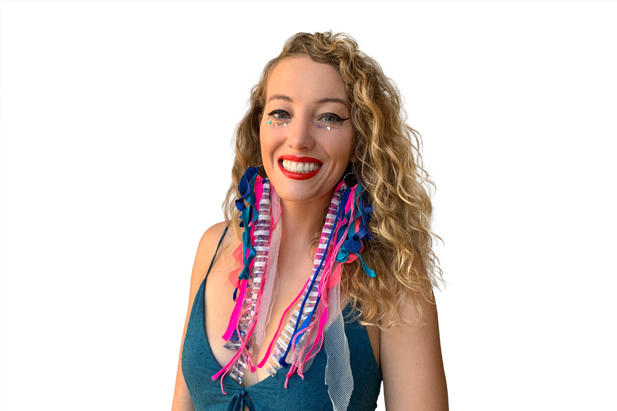 Heroic Headshot on white background of woman in colorful clothes taking remote virtual headshot.